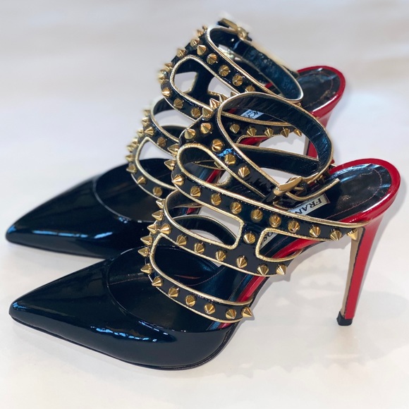 Francesco Sacco Black Patent w/Gold Studs & Red Trim, Ankle Strap, Sz 7.5, Italy - Picture 6 of 15